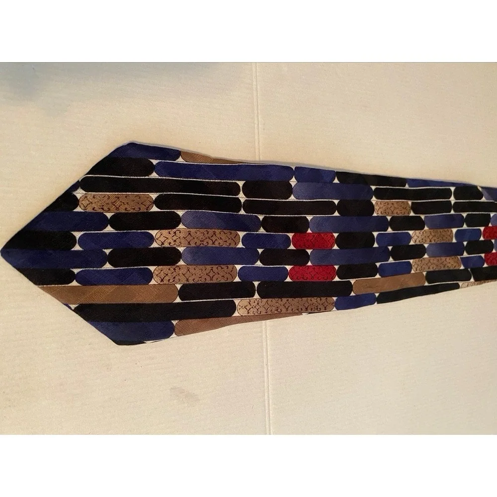 Conte di Milano Mens Silk Tie Geometric Navy Blue Black Tan Red Made in USA